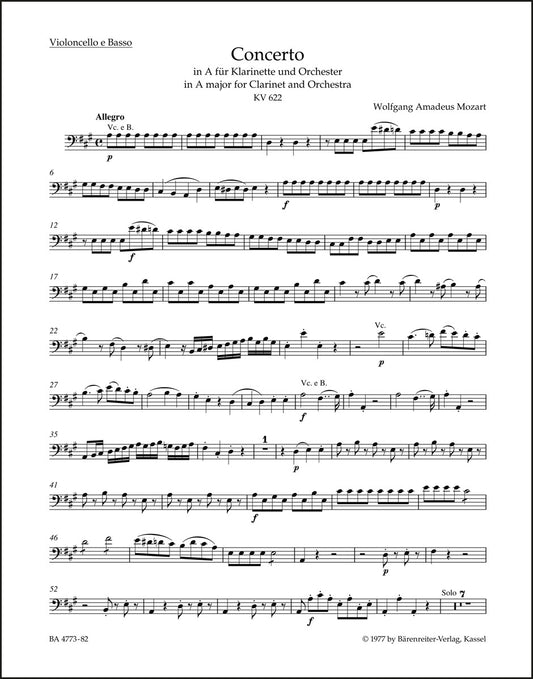 モーツァルト：クラリネット協奏曲 イ長調 K. 622（チェロパート譜）（3冊セット）