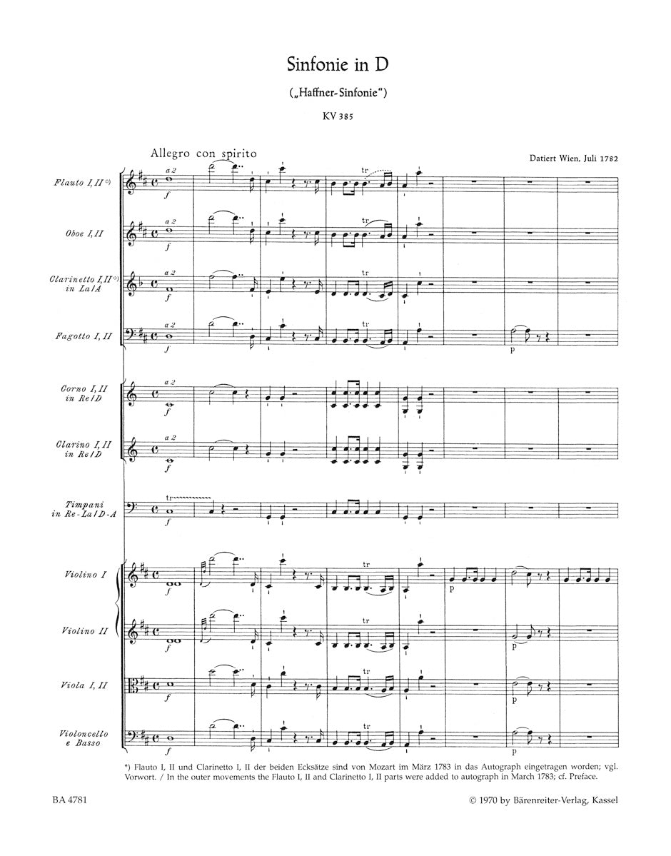 スコア／モーツァルト：交響曲 第35番 ニ長調 K. 385「ハフナー」