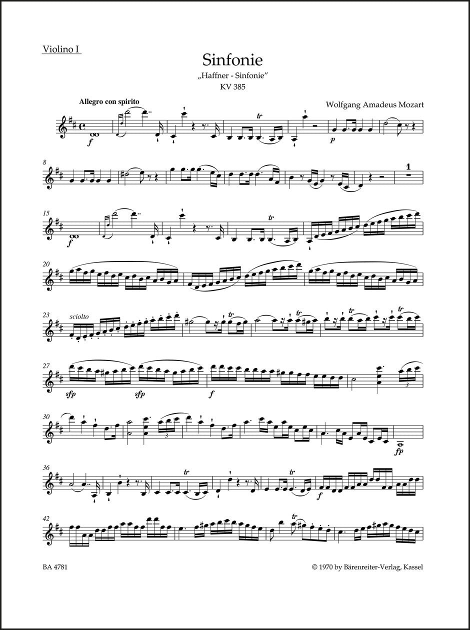 モーツァルト：交響曲第35番 ニ長調 K. 385「ハフナー」（ヴァイオリンパート譜）（4冊セット）