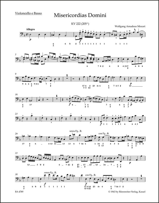 モーツァルト：憐れみの心 K. 222 (205a)（チェロパート譜）
