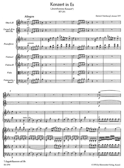 ピアノ／モーツァルト：ピアノ協奏曲第9番 変ホ長調 K. 271「ジュノム」