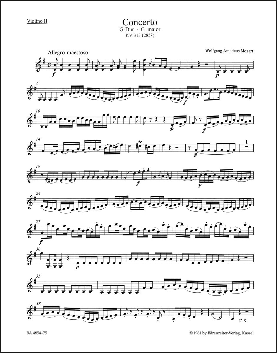 モーツァルト：フルート協奏曲 ト長調 K. 313 (285c)（ヴァイオリンパート譜）（4冊セット）