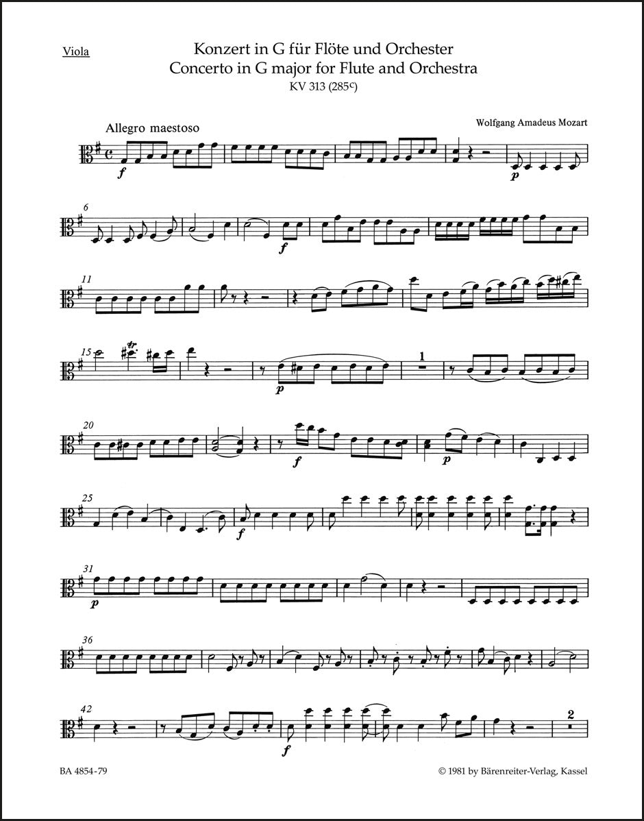 モーツァルト：フルート協奏曲 ト長調 K. 313 (285c)（ヴィオラパート譜）（3冊セット）