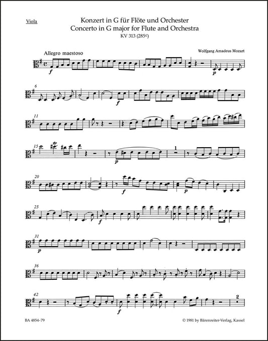モーツァルト：フルート協奏曲 ト長調 K. 313 (285c)（ヴィオラパート譜）（3冊セット）