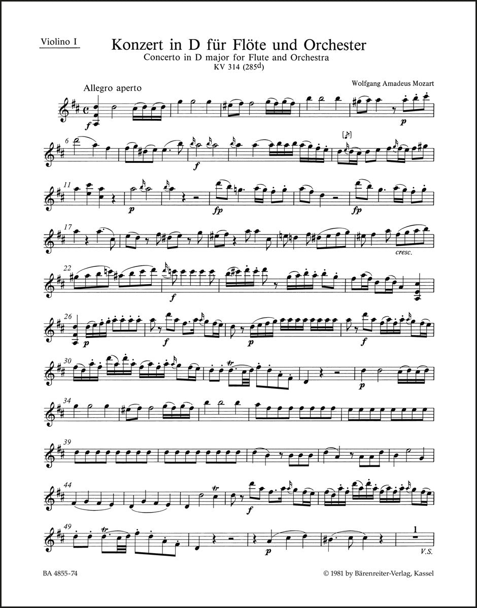 モーツァルト：フルート協奏曲 ニ長調 K. 314 (285d)（ヴァイオリンパート譜）（4冊セット）