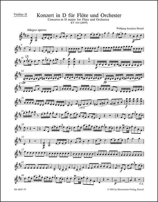 モーツァルト：フルート協奏曲 ニ長調 K. 314 (285d)（ヴァイオリンパート譜）（4冊セット）
