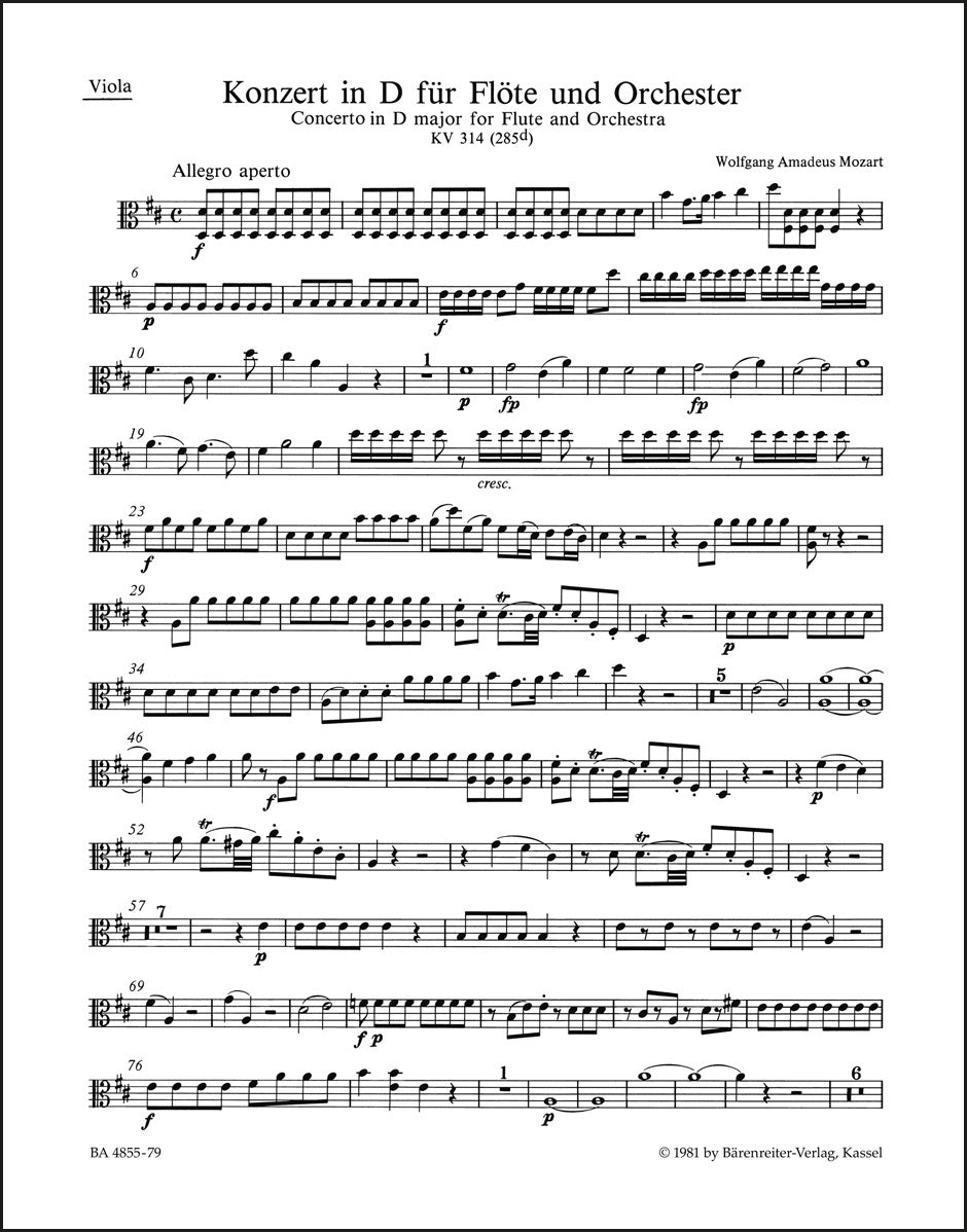 モーツァルト：フルート協奏曲 ニ長調 K. 314 (285d)（ヴィオラパート譜）（3冊セット）