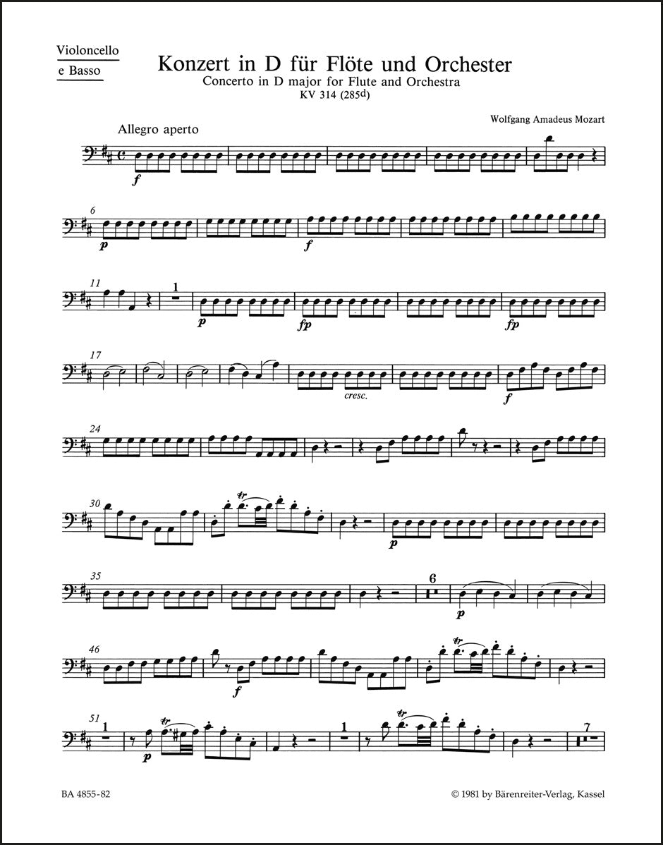 モーツァルト：フルート協奏曲 ニ長調 K. 314 (285d)（チェロパート譜）（4冊セット）