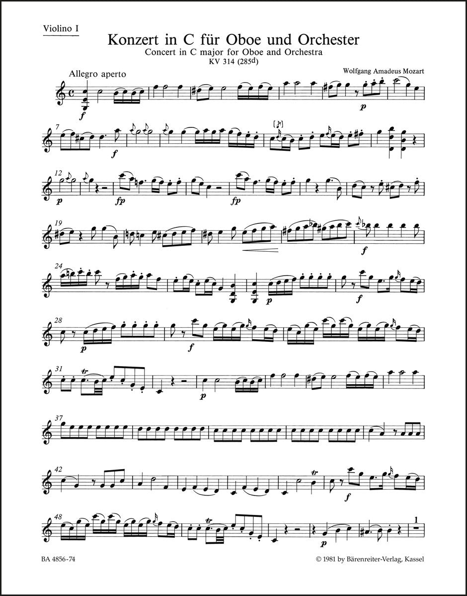 モーツァルト：オーボエ協奏曲 ハ長調 K. 314 (285d)（ヴァイオリンパート譜）（4冊セット）