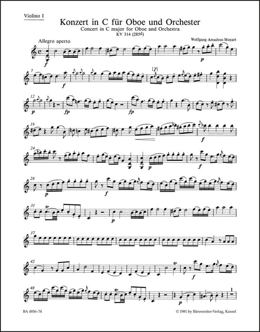 モーツァルト：オーボエ協奏曲 ハ長調 K. 314 (285d)（ヴァイオリンパート譜）（4冊セット）