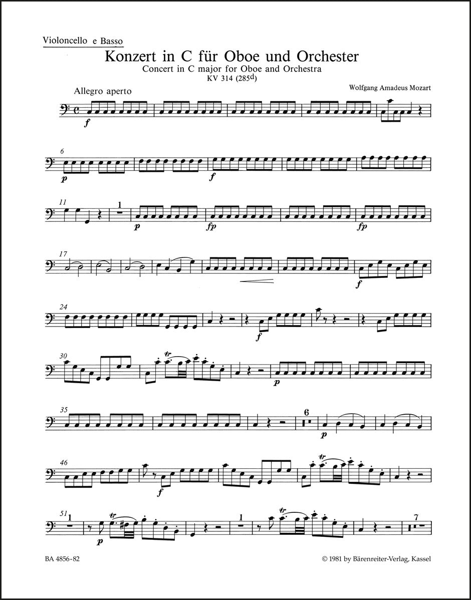 モーツァルト：オーボエ協奏曲 ハ長調 K. 314 (285d)（チェロパート譜）（4冊セット）