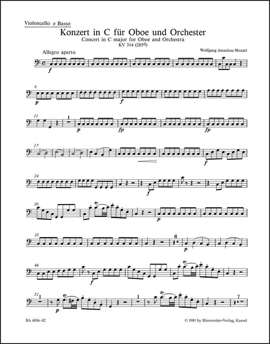 モーツァルト：オーボエ協奏曲 ハ長調 K. 314 (285d)（チェロパート譜）（4冊セット）