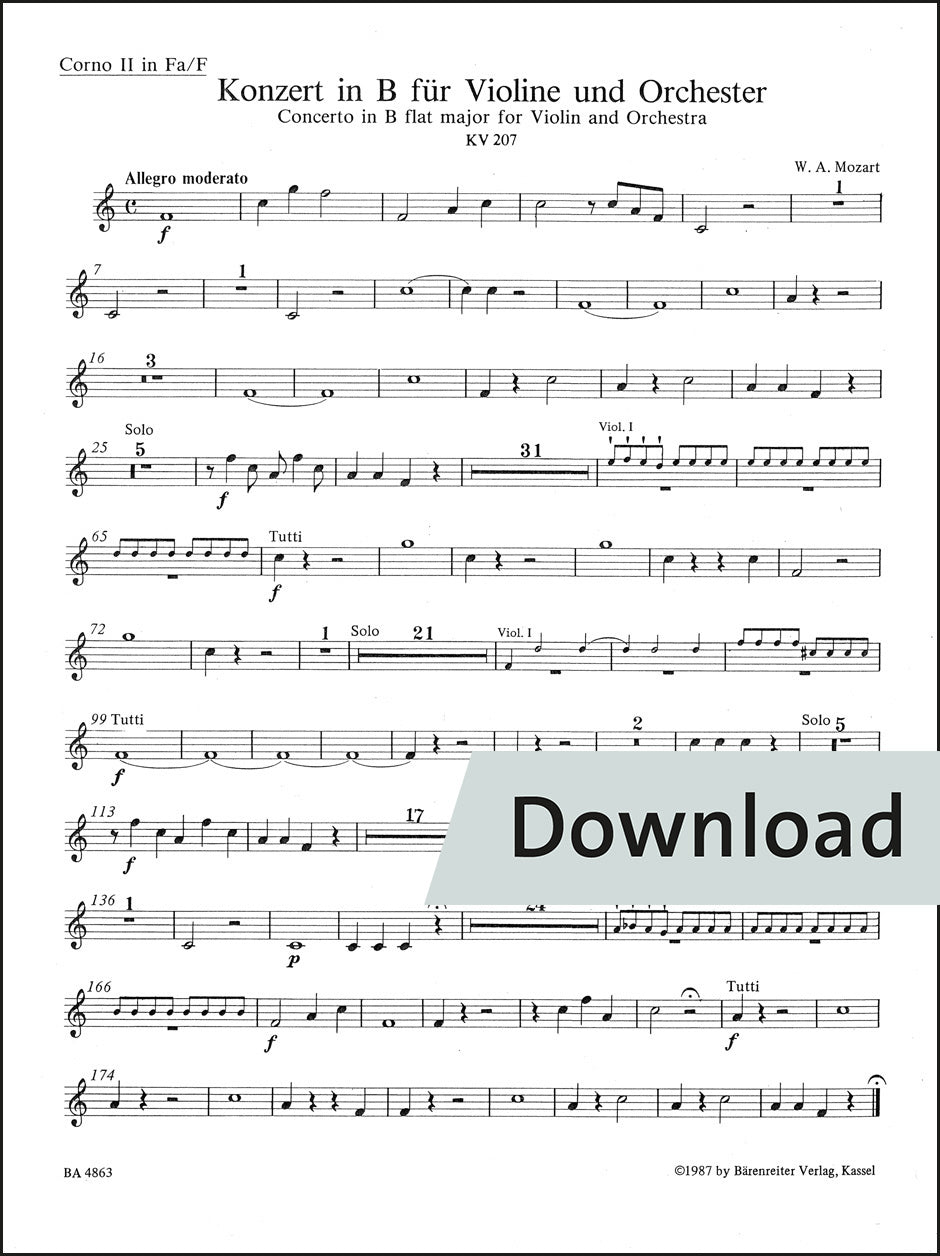 モーツァルト：ヴァイオリン協奏曲 第1番 変ロ長調 K.207 – 第2ホルン パート譜【デジタル版】