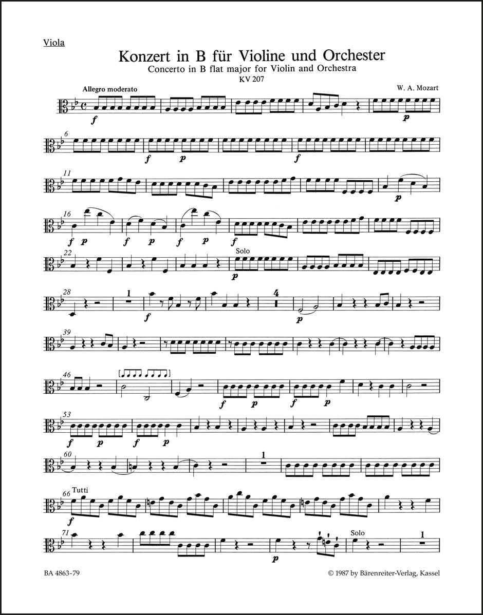 モーツァルト：ヴァイオリン協奏曲 第1番 変ロ長調 K. 207（ヴィオラパート譜）（3冊セット）