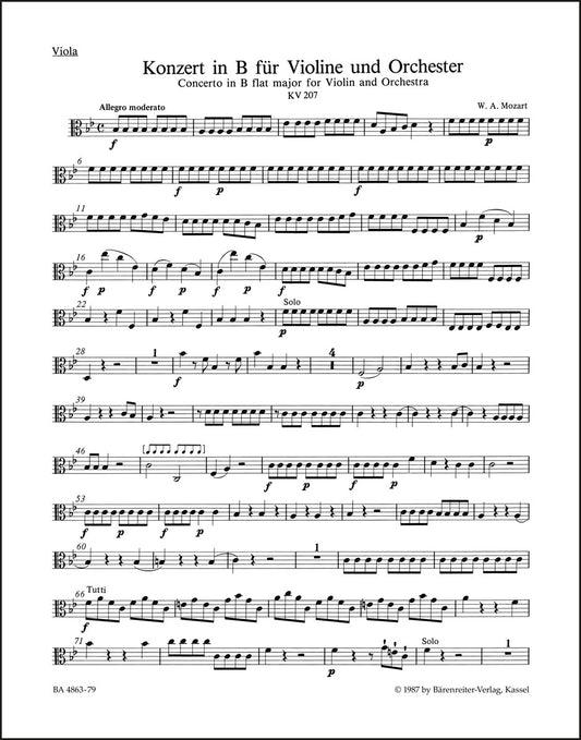 モーツァルト：ヴァイオリン協奏曲 第1番 変ロ長調 K. 207（ヴィオラパート譜）（3冊セット）