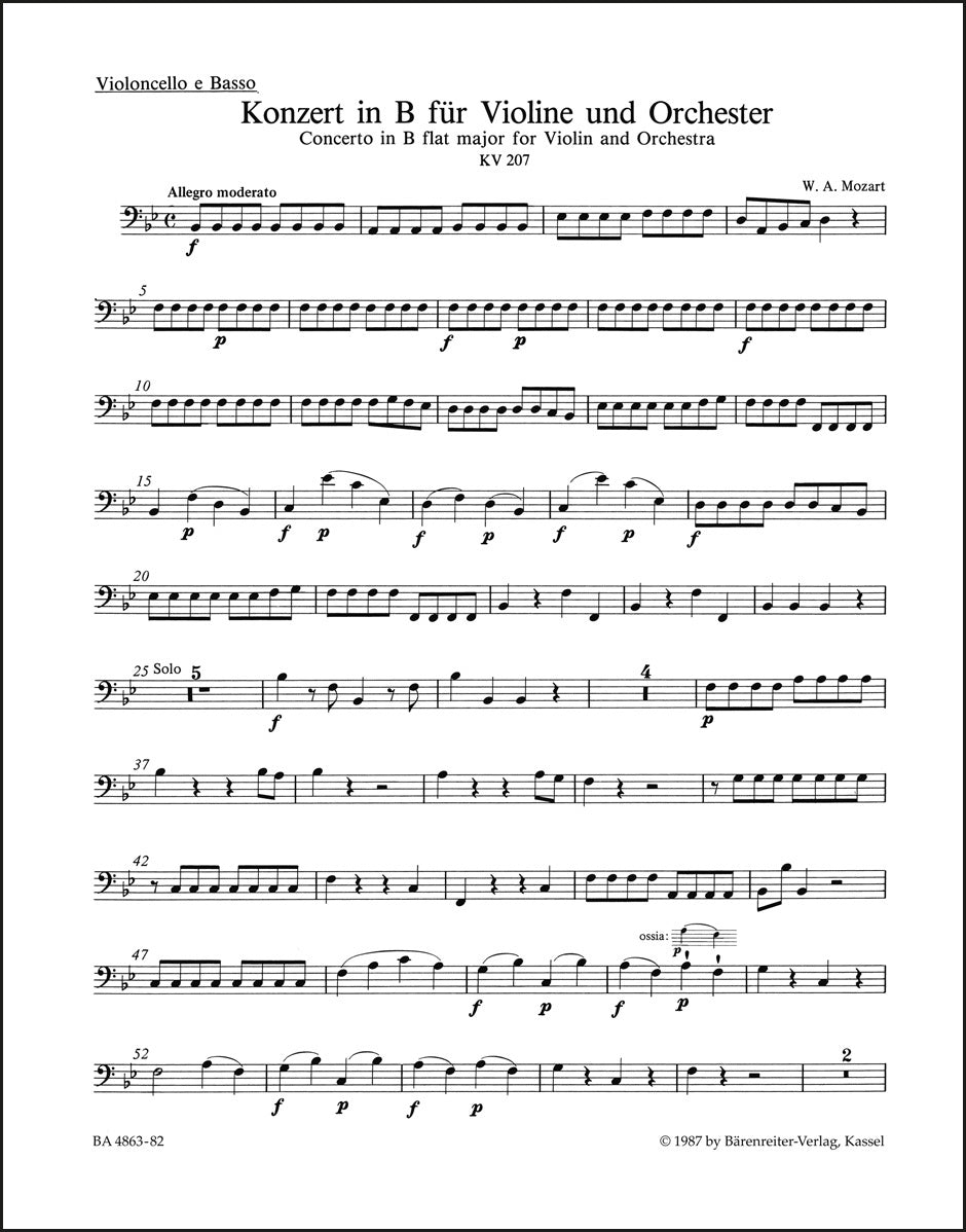 モーツァルト：ヴァイオリン協奏曲第1番 変ロ長調 K. 207（チェロ／コントラバスパート譜）（チェロパート譜）（4冊セット）