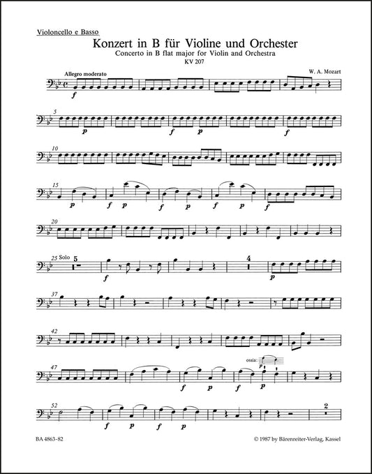 モーツァルト：ヴァイオリン協奏曲第1番 変ロ長調 K. 207（チェロ／コントラバスパート譜）（チェロパート譜）（4冊セット）
