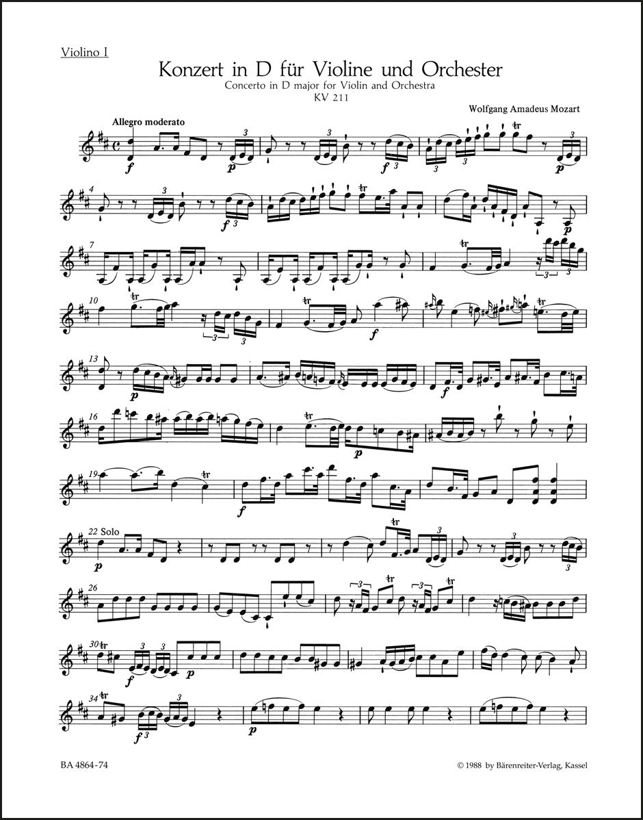 モーツァルト：ヴァイオリン協奏曲第2番 ニ長調 K. 211（ヴァイオリンパート譜）（3冊セット）