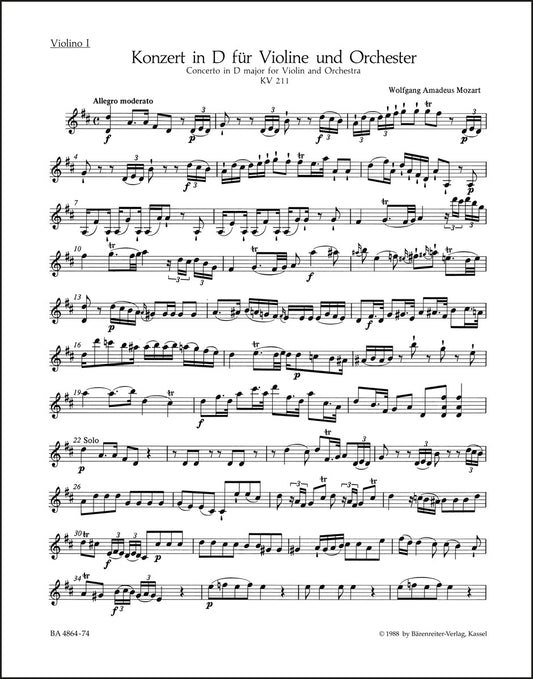 モーツァルト：ヴァイオリン協奏曲第2番 ニ長調 K. 211（ヴァイオリンパート譜）（3冊セット）