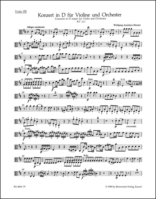モーツァルト：ヴァイオリン協奏曲第2番 ニ長調 K. 211（ヴィオラパート譜）（2冊セット）
