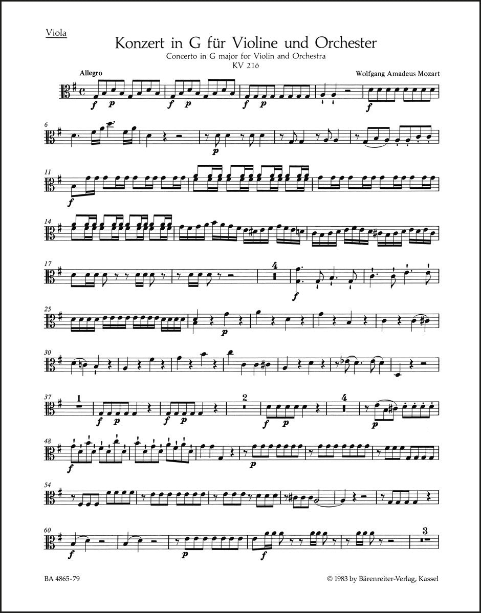 モーツァルト：ヴァイオリン協奏曲 第3番 ト長調 K. 216（ヴィオラパート譜）（2冊セット）