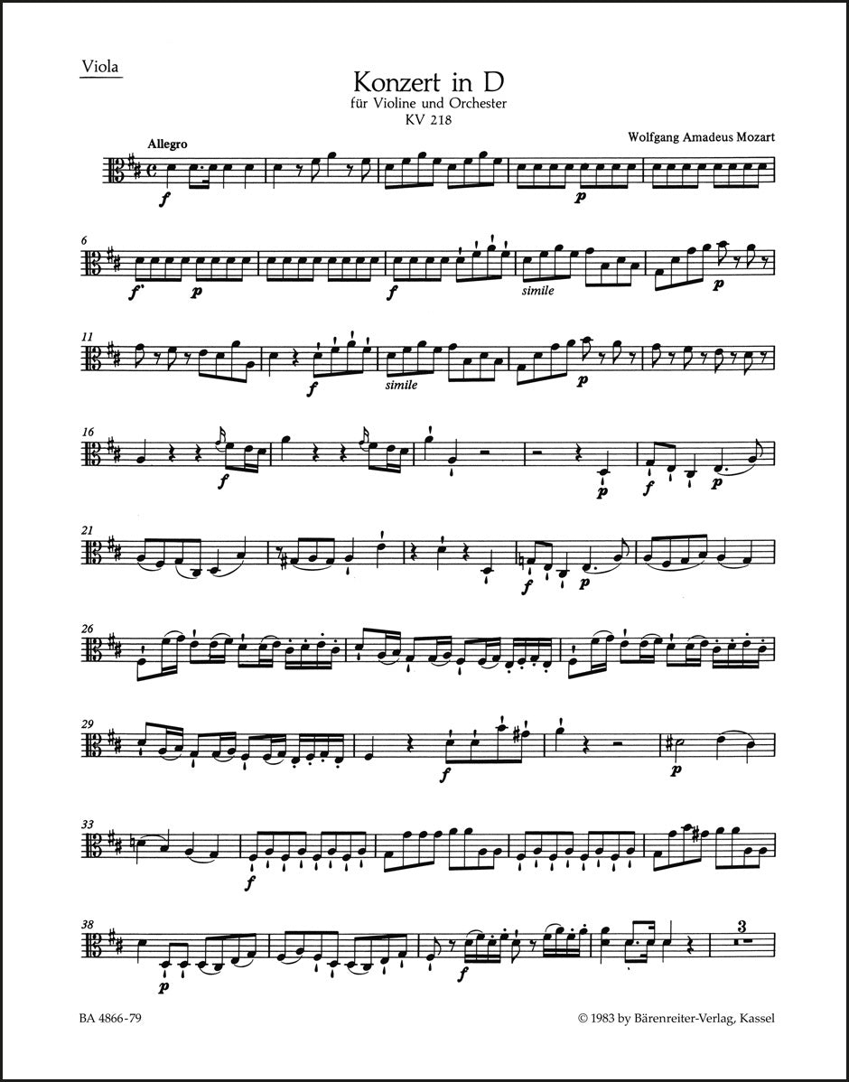 モーツァルト：ヴァイオリン協奏曲 第4番 ニ長調 K. 218（ヴィオラパート譜）（3冊セット）