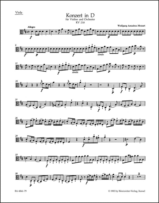モーツァルト：ヴァイオリン協奏曲 第4番 ニ長調 K. 218（ヴィオラパート譜）（3冊セット）