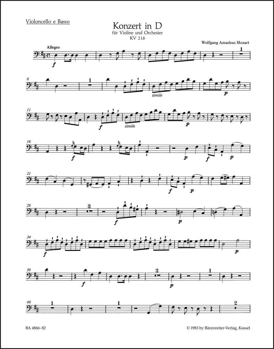 モーツァルト：ヴァイオリン協奏曲第4番ニ長調 K. 218（チェロ／コントラバス・パート譜）（チェロパート譜）（4冊セット）