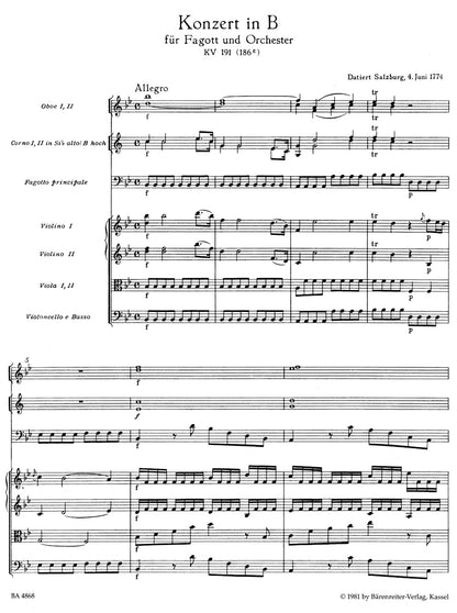 ファゴット／バスーン／モーツァルト：ファゴット協奏曲 変ロ長調 K. 191(186e)