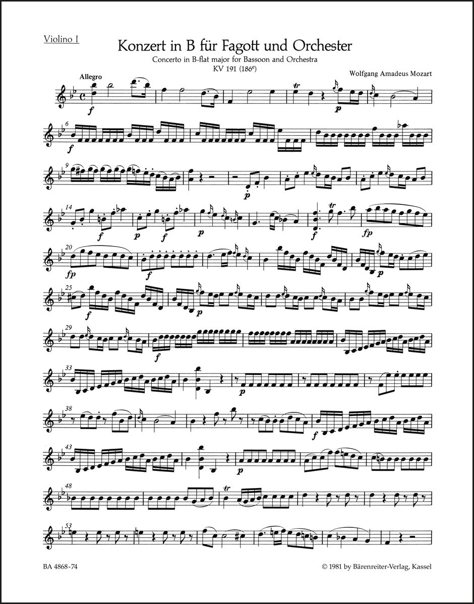 モーツァルト：ファゴット協奏曲 変ロ長調 K. 191(186e) ヴァイオリン1パート譜（ヴァイオリンパート譜）（4冊セット）