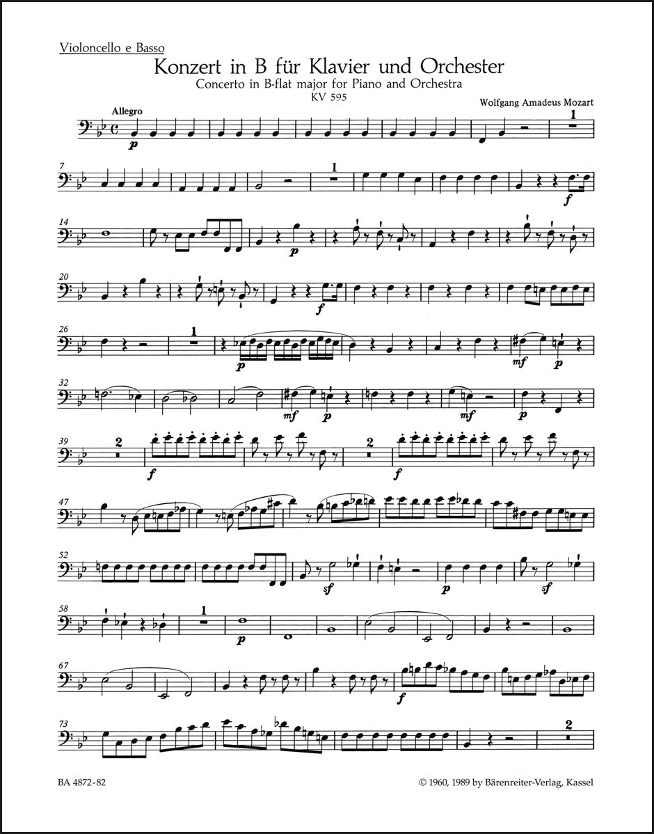 モーツァルト：ピアノ協奏曲第27番 変ロ長調 K. 595（チェロ／コントラバスパート譜）（チェロパート譜）（2冊セット）
