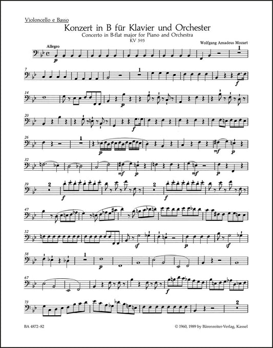 モーツァルト：ピアノ協奏曲第27番 変ロ長調 K. 595（チェロ／コントラバスパート譜）（チェロパート譜）（2冊セット）