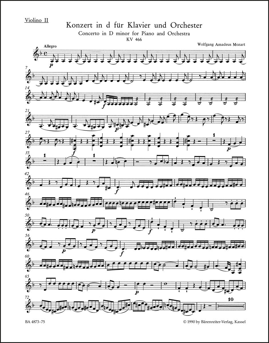 モーツァルト：ピアノ協奏曲 第20番 ニ短調 K. 466（ヴァイオリンIIパート譜）（ヴァイオリンパート譜）（4冊セット）