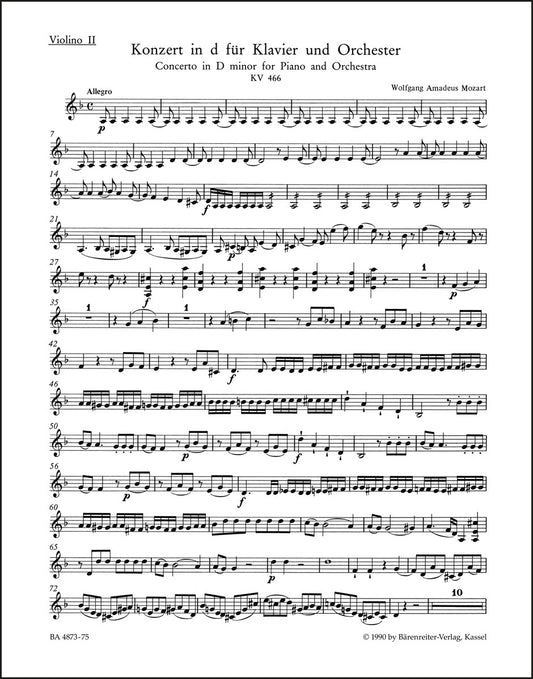 モーツァルト：ピアノ協奏曲 第20番 ニ短調 K. 466（ヴァイオリンIIパート譜）（ヴァイオリンパート譜）（4冊セット）
