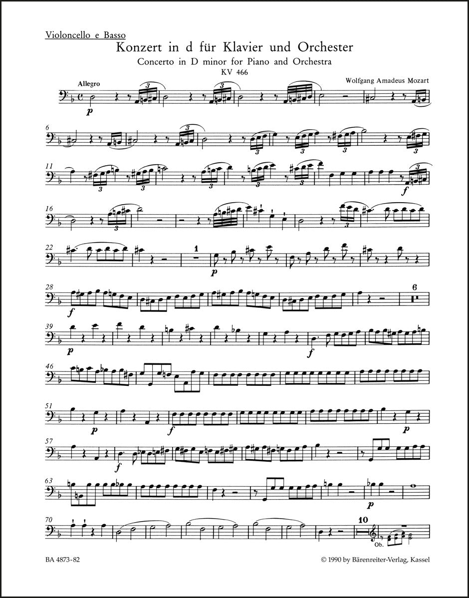 モーツァルト：ピアノ協奏曲第20番 ニ短調 K. 466（チェロ／コントラバス・パート譜）（チェロパート譜）（4冊セット）