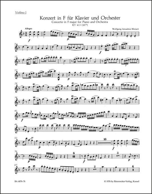 モーツァルト：ピアノ協奏曲第11番 イ長調 K. 413(387a)（ヴァイオリンパート譜）（4冊セット）
