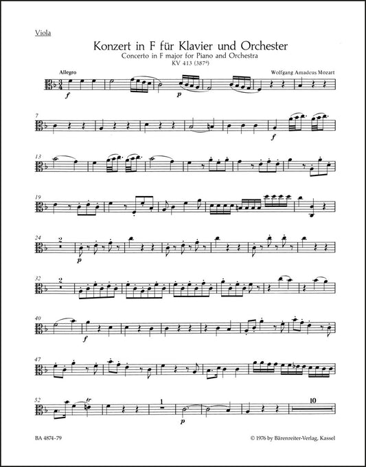 モーツァルト：ピアノ協奏曲 第11番 イ長調 K. 413(387a) ヴィオラパート譜（ヴィオラパート譜）（3冊セット）