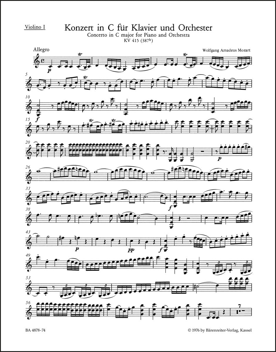 モーツァルト：ピアノ協奏曲第13番 ハ長調 K. 415（ヴァイオリンパート譜）（3冊セット）