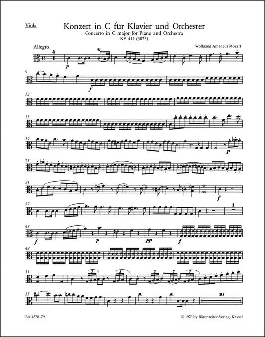 モーツァルト：ピアノ協奏曲第13番 ハ長調 K. 415 (387b)（ヴィオラパート譜）（2冊セット）