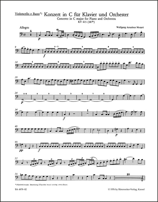 モーツァルト：ピアノ協奏曲第13番 ハ長調 K.415（387b）（チェロパート譜）（2冊セット）