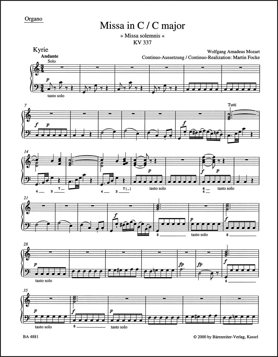 モーツァルト：ミサ曲 ハ長調 K. 337「荘厳ミサ曲」（オルガンパート譜）