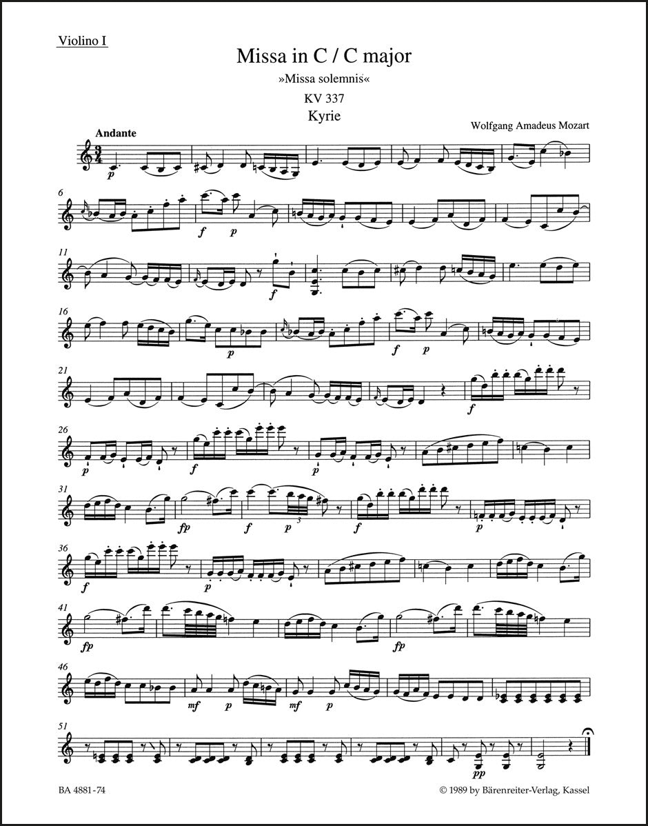 モーツァルト：ミサ曲 ハ長調 K. 337「荘厳ミサ」（ヴァイオリンパート譜）