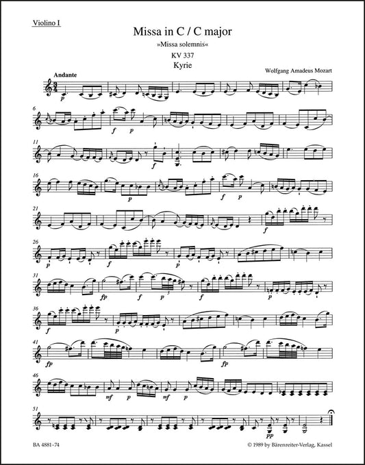モーツァルト：ミサ曲 ハ長調 K. 337「荘厳ミサ」（ヴァイオリンパート譜）