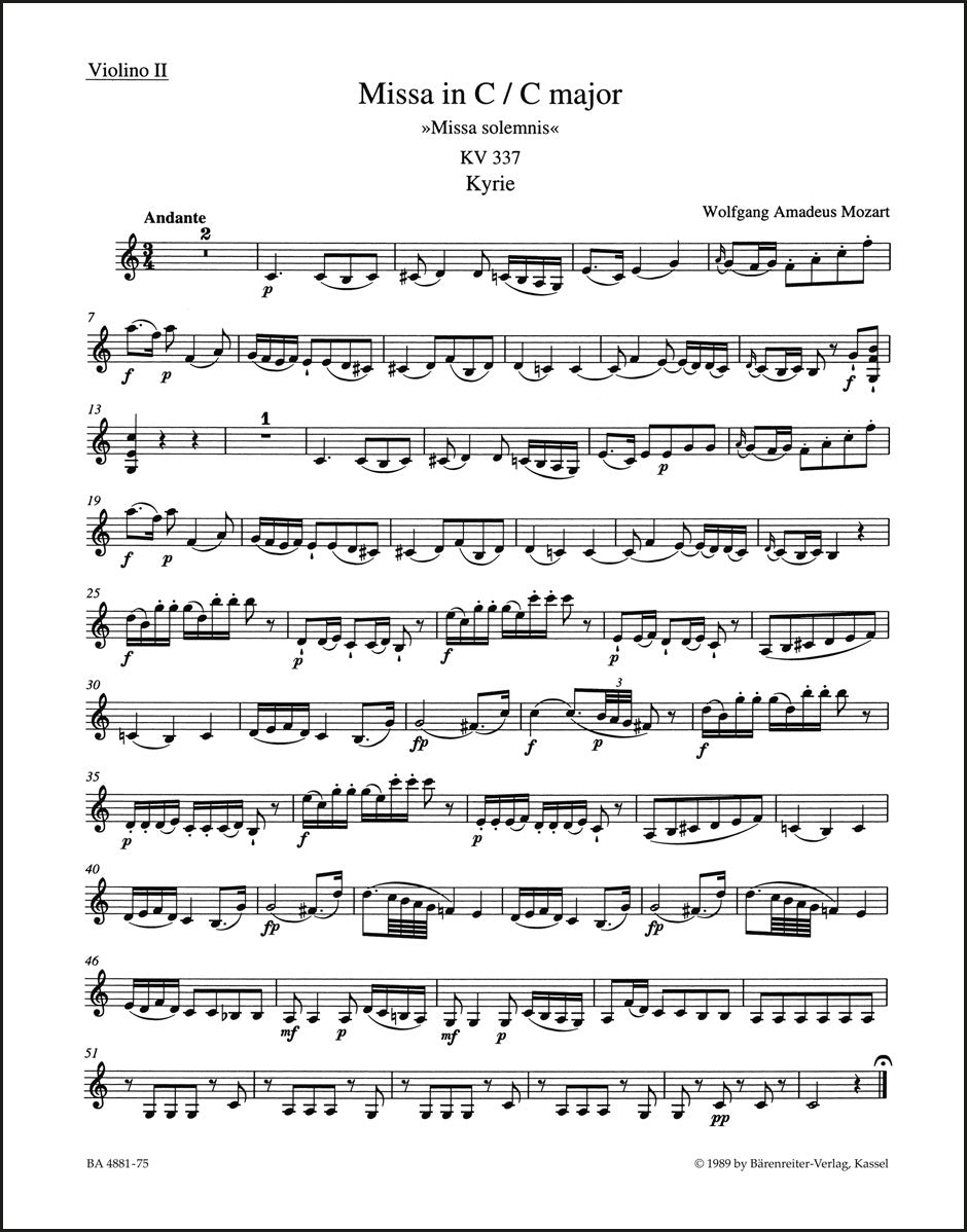 モーツァルト：ミサ曲 ハ長調 K. 337「荘厳ミサ曲」（ヴァイオリンパート譜）