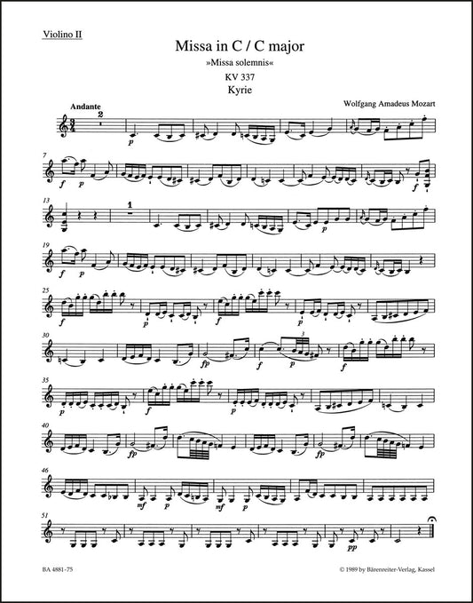 モーツァルト：ミサ曲 ハ長調 K. 337「荘厳ミサ曲」（ヴァイオリンパート譜）