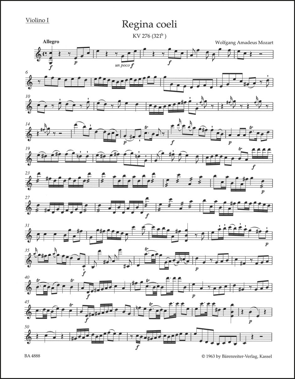 モーツァルト：レジーナ・チェリ ハ長調 K. 276 (321b)（ヴァイオリンパート譜）