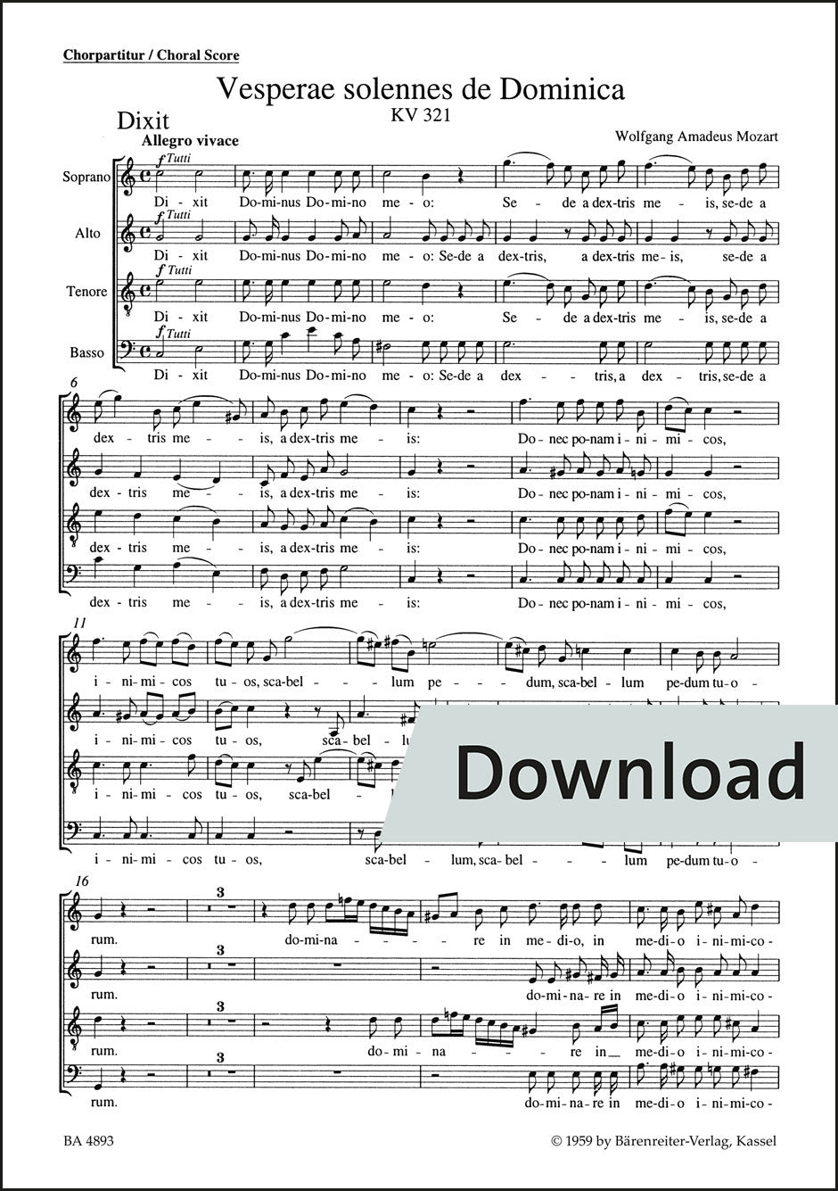 合唱／モーツァルト：ドミニカのための荘厳な晩課 K. 321（10冊セット）【デジタル版】