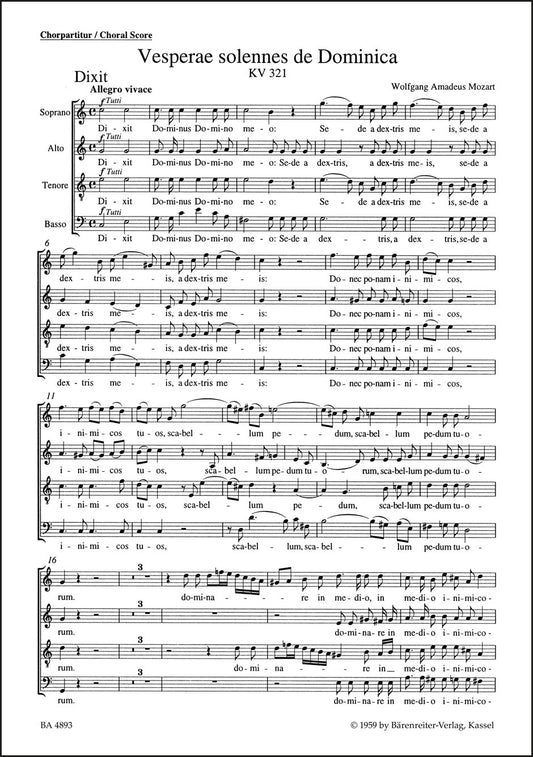 合唱／モーツァルト：ドミニカのための荘厳な晩課 K. 321（10冊セット）