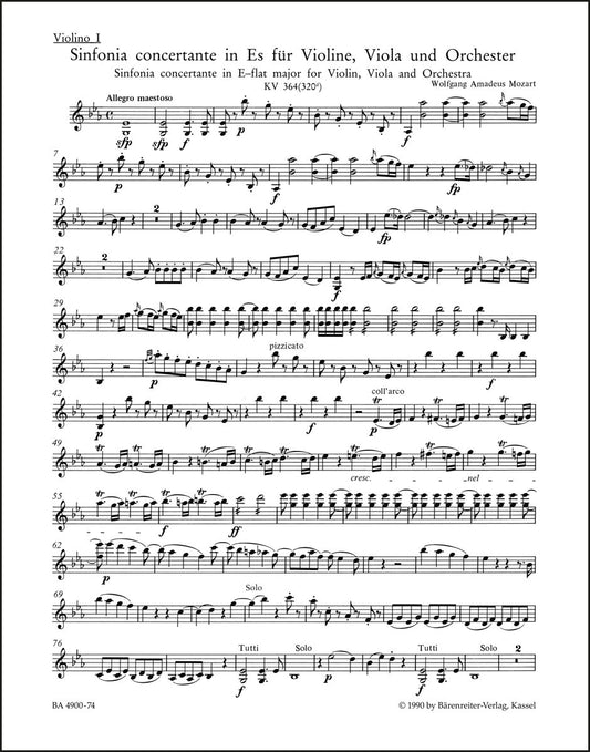 モーツァルト：交響的協奏曲 変ホ長調 K. 364 (320d) ヴァイオリン、ヴィオラと管弦楽のための（ヴァイオリンパート譜）（3冊セット）