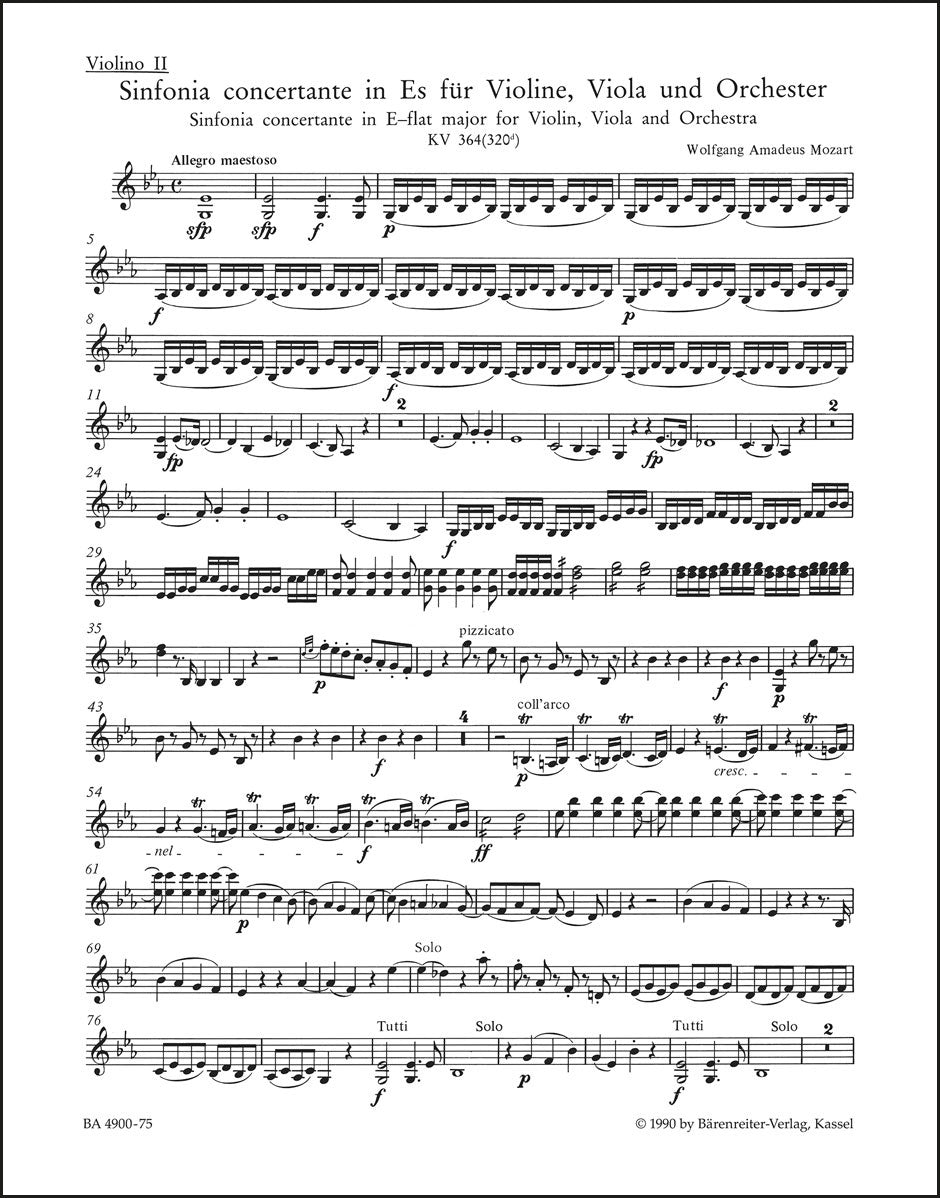 モーツァルト：交響的協奏曲 変ホ長調 K. 364 (320d) ヴァイオリン、ヴィオラと管弦楽のための（ヴァイオリンパート譜）（3冊セット）